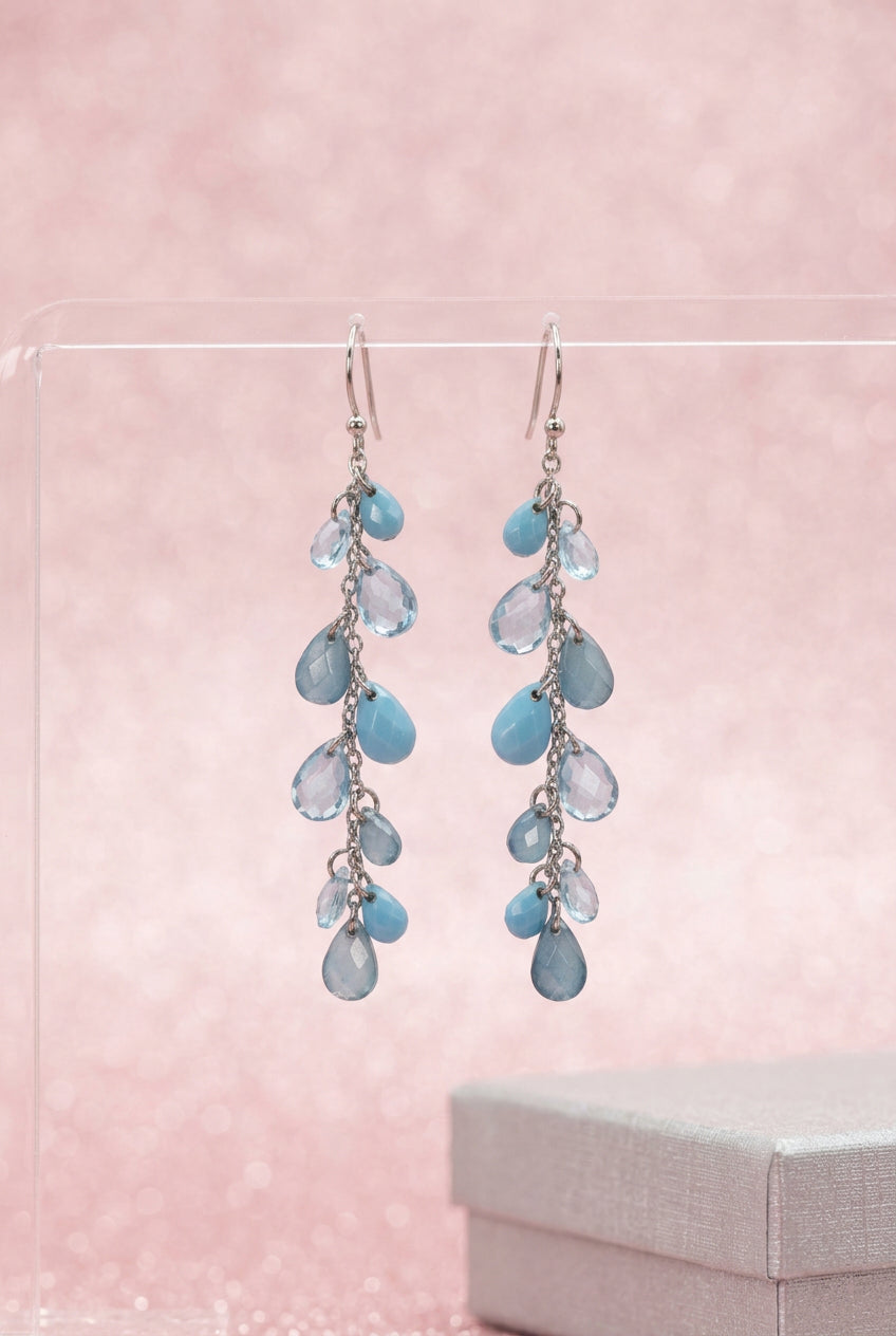 1970's Vintage Silver-tone Blue Teardrop Crystal Cluster Earrings