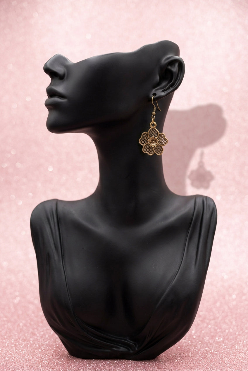 2000's Vintage Antiqued Brass-toned Flower Filigree Dangle Drop Earrings