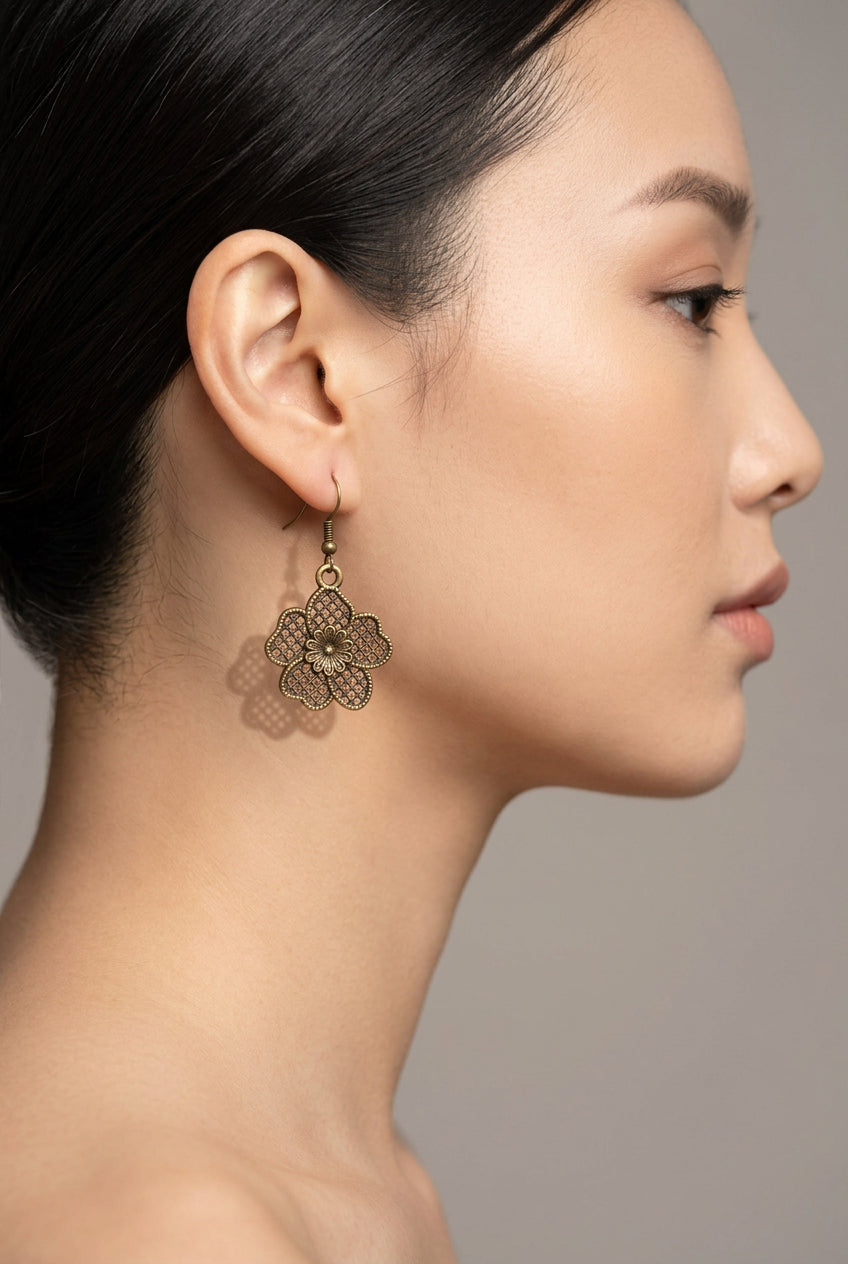 2000's Vintage Antiqued Brass-toned Flower Filigree Dangle Drop Earrings