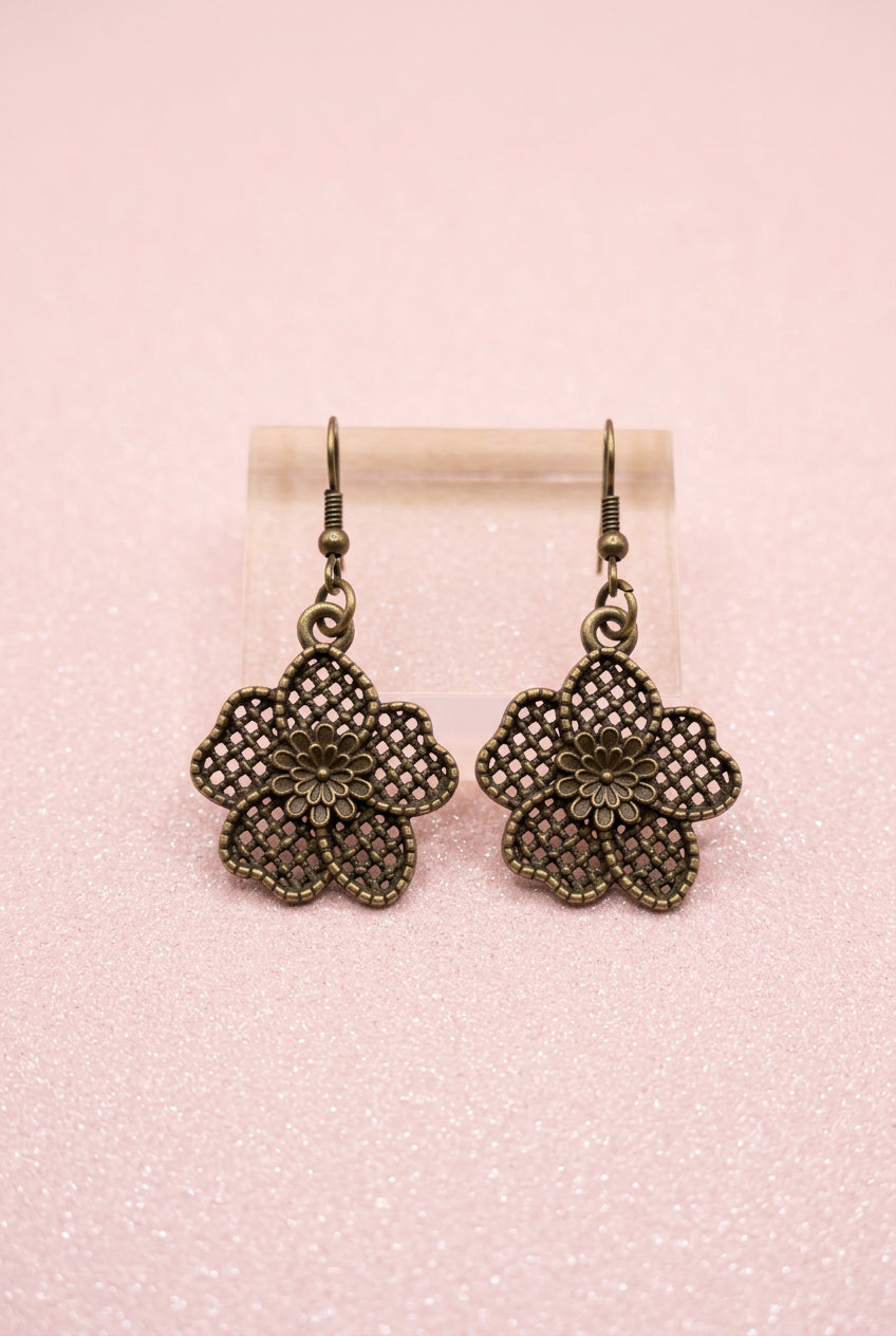 2000's Vintage Antiqued Brass-toned Flower Filigree Dangle Drop Earrings