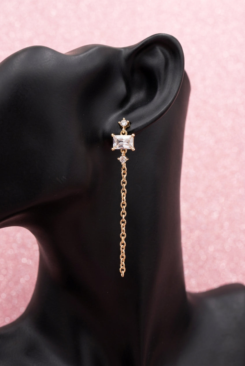 2000s Gold-Tone Chain Link Earrings w/ Baguette & Round Cut Stones