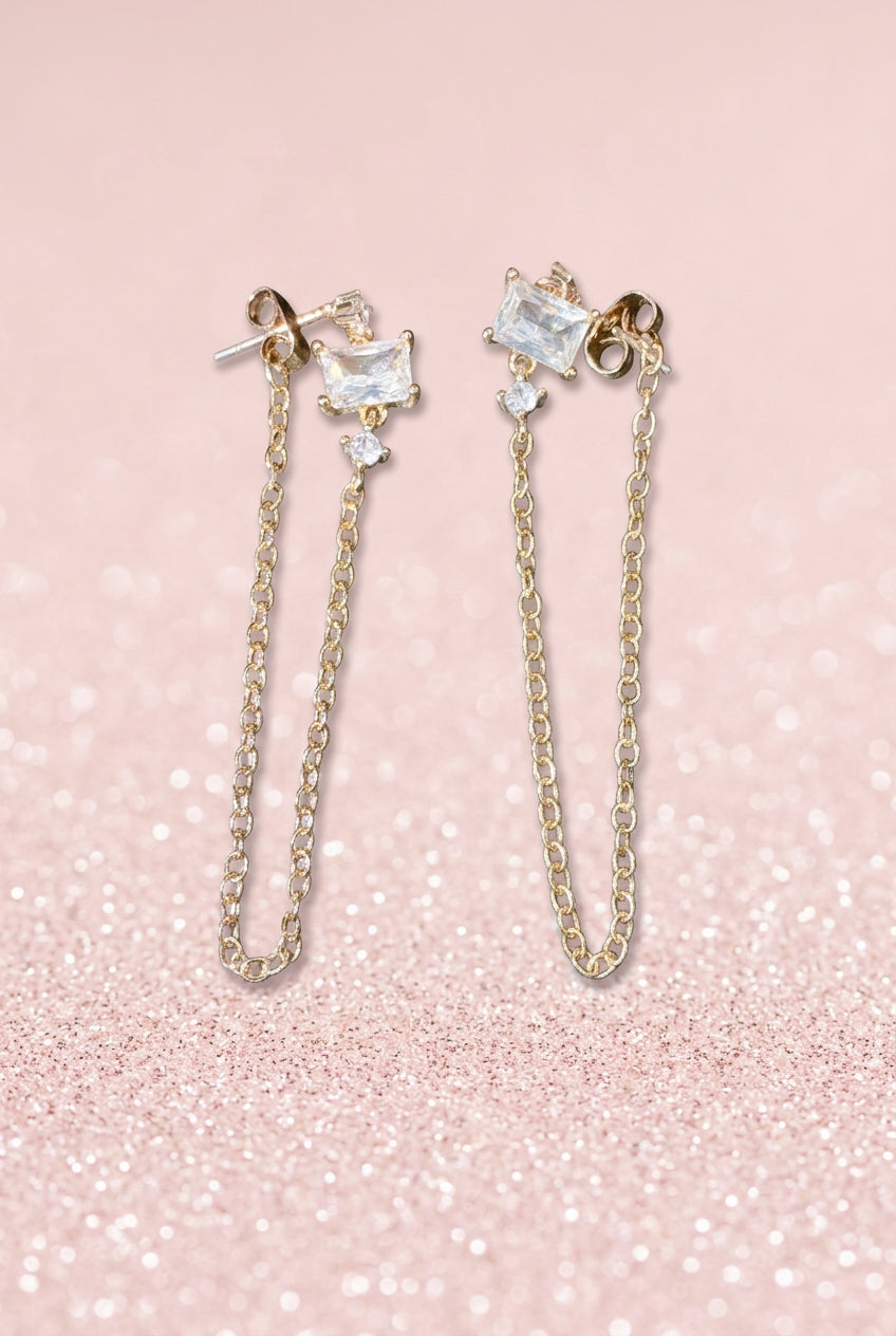 2000s Gold-Tone Chain Link Earrings w/ Baguette & Round Cut Stones