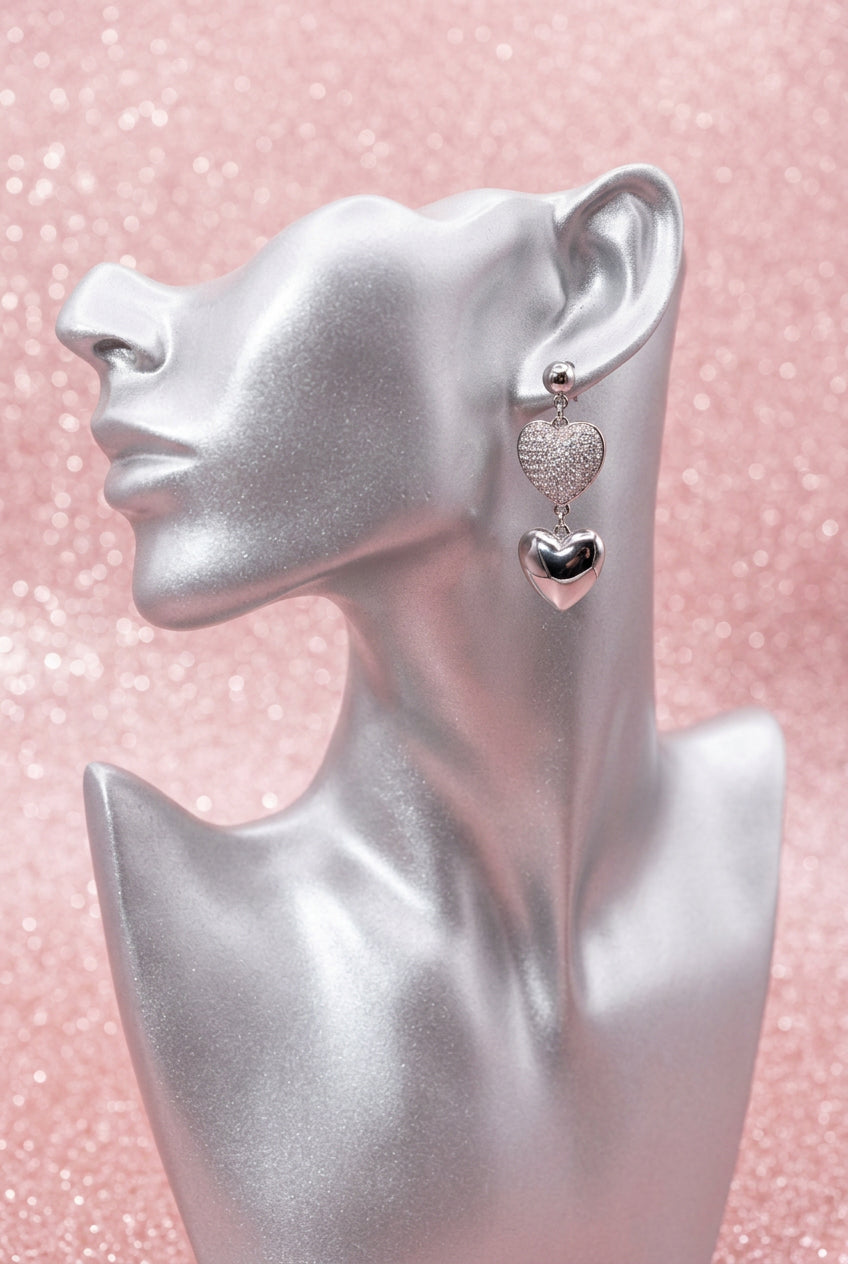 2000s Vintage Silver-tone Cubic Zirconia Puffed Heart Dangle Earrings