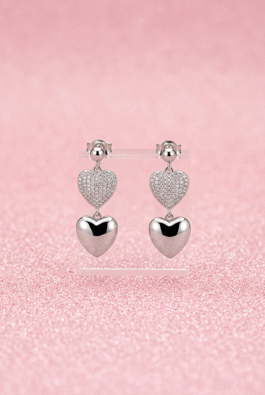2000s Vintage Silver-tone Cubic Zirconia Puffed Heart Dangle Earrings