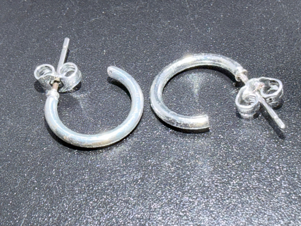 1970s Vintage Silver-tone Small Hoop Stud Earrings w/ 925 Sterling Silver Backs