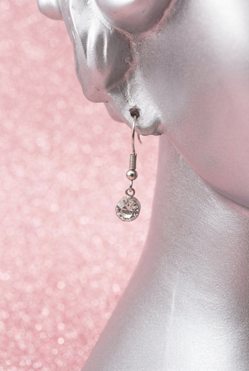 2000s Vintage Minimalist Silver-tone Clear Rhinestone Solitaire Dangle Earrings
