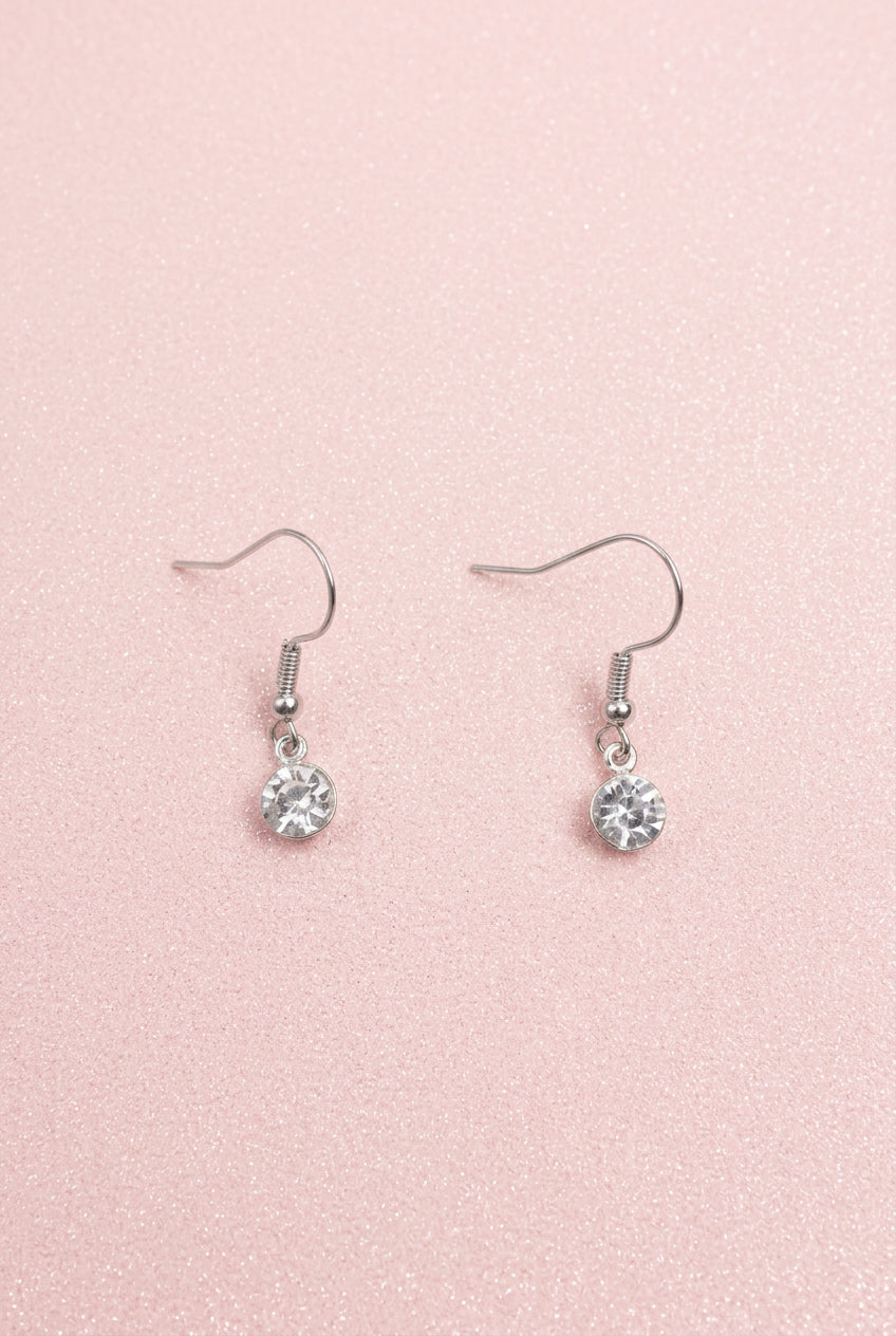 2000s Vintage Minimalist Silver-tone Clear Rhinestone Solitaire Dangle Earrings