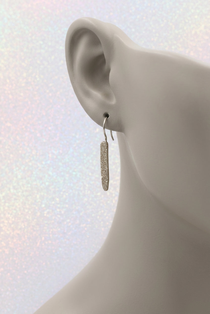2000s Vintage Minimalist Silver-tone Curved Bar Drop Earrings w/ Glitter Finish