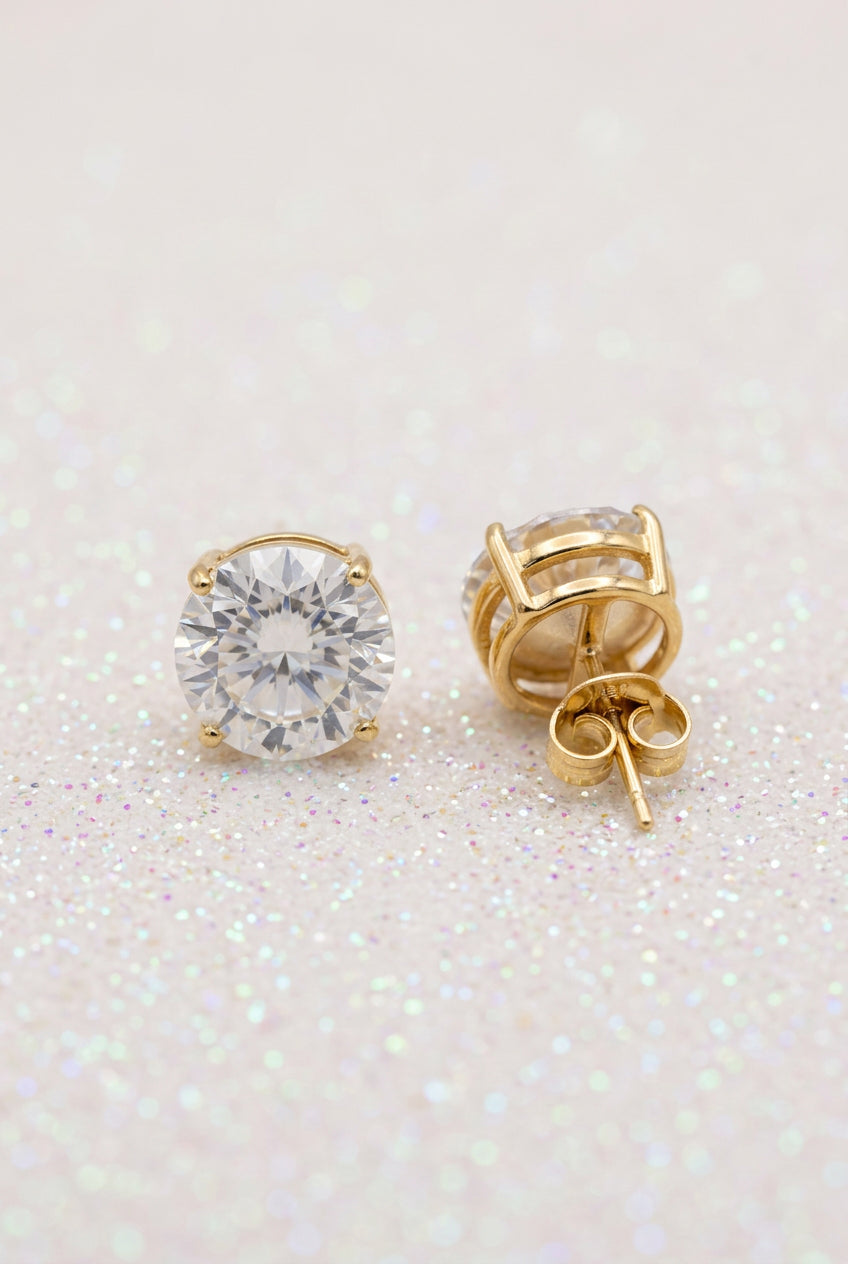 2000s Round Solitaire Stud Earrings w/ Gold-tone Prong and 925 Earring Back