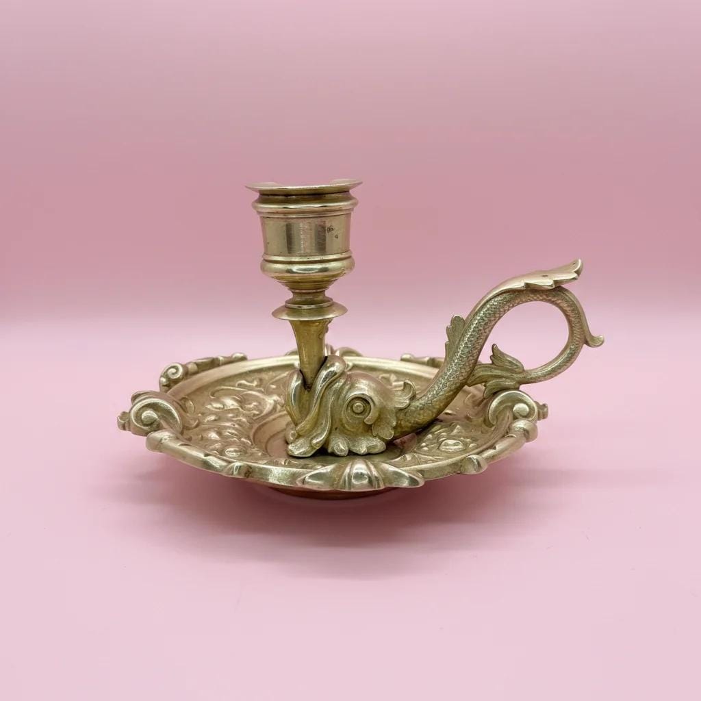 Antique Brass Fish-Handled Chamberstick Candle Holder