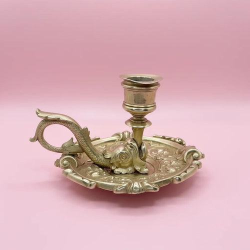 Antique Brass Fish-Handled Chamberstick Candle Holder