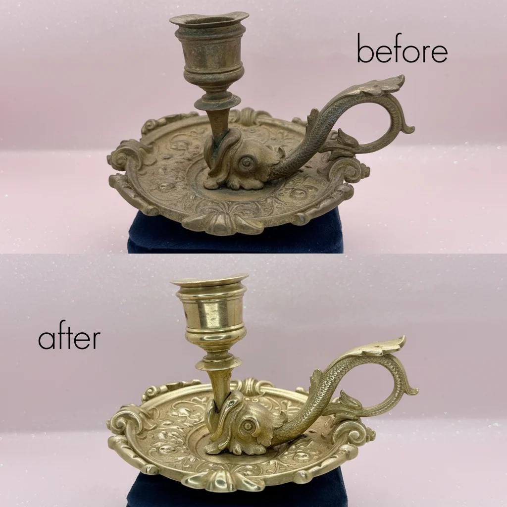 Antique Brass Fish-Handled Chamberstick Candle Holder