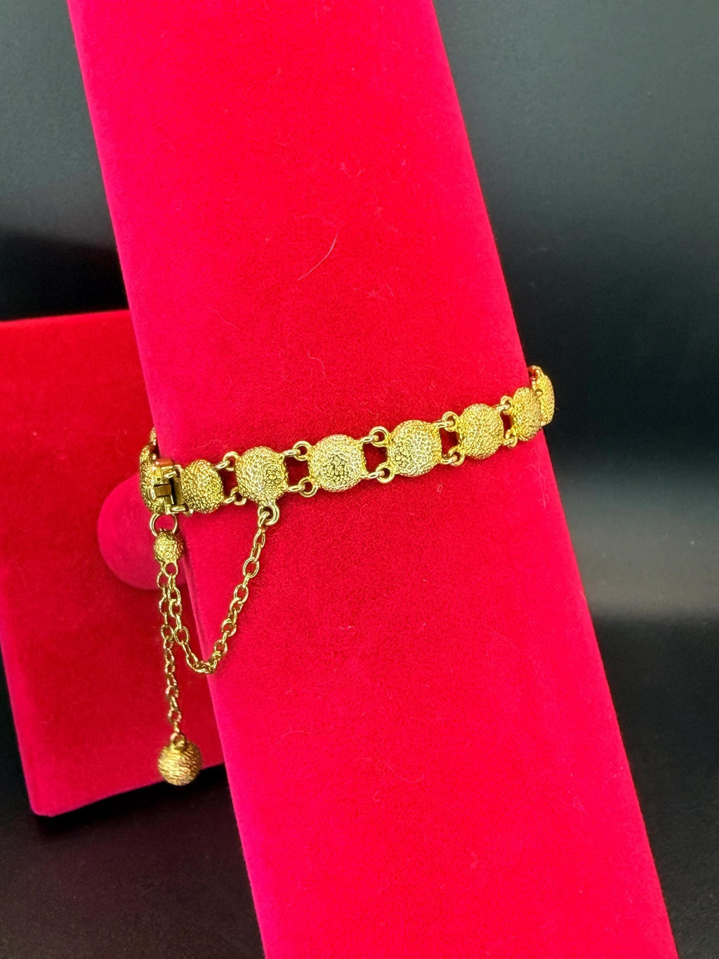Vintage Textured Gold Tone Link Bracelet w/ Dangling Charm Detail