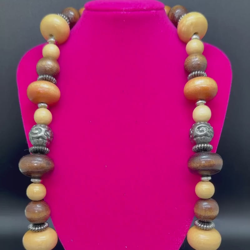 Vintage Bohemian Multi-Tone Wood & Etched Metal Bead Necklace