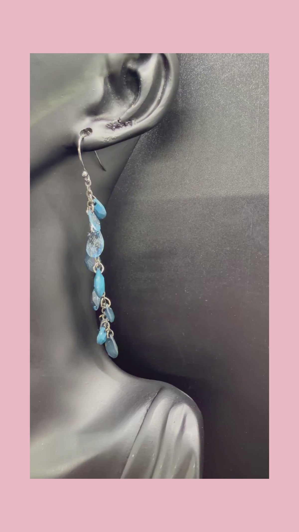 1970's Vintage Silver-tone Blue Teardrop Crystal Cluster Earrings