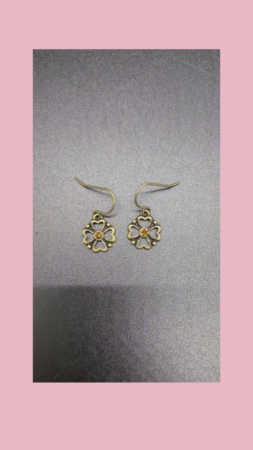 1990's Vintage Silver-tone Metal Clover Drop Earrings w/ Pink Stones