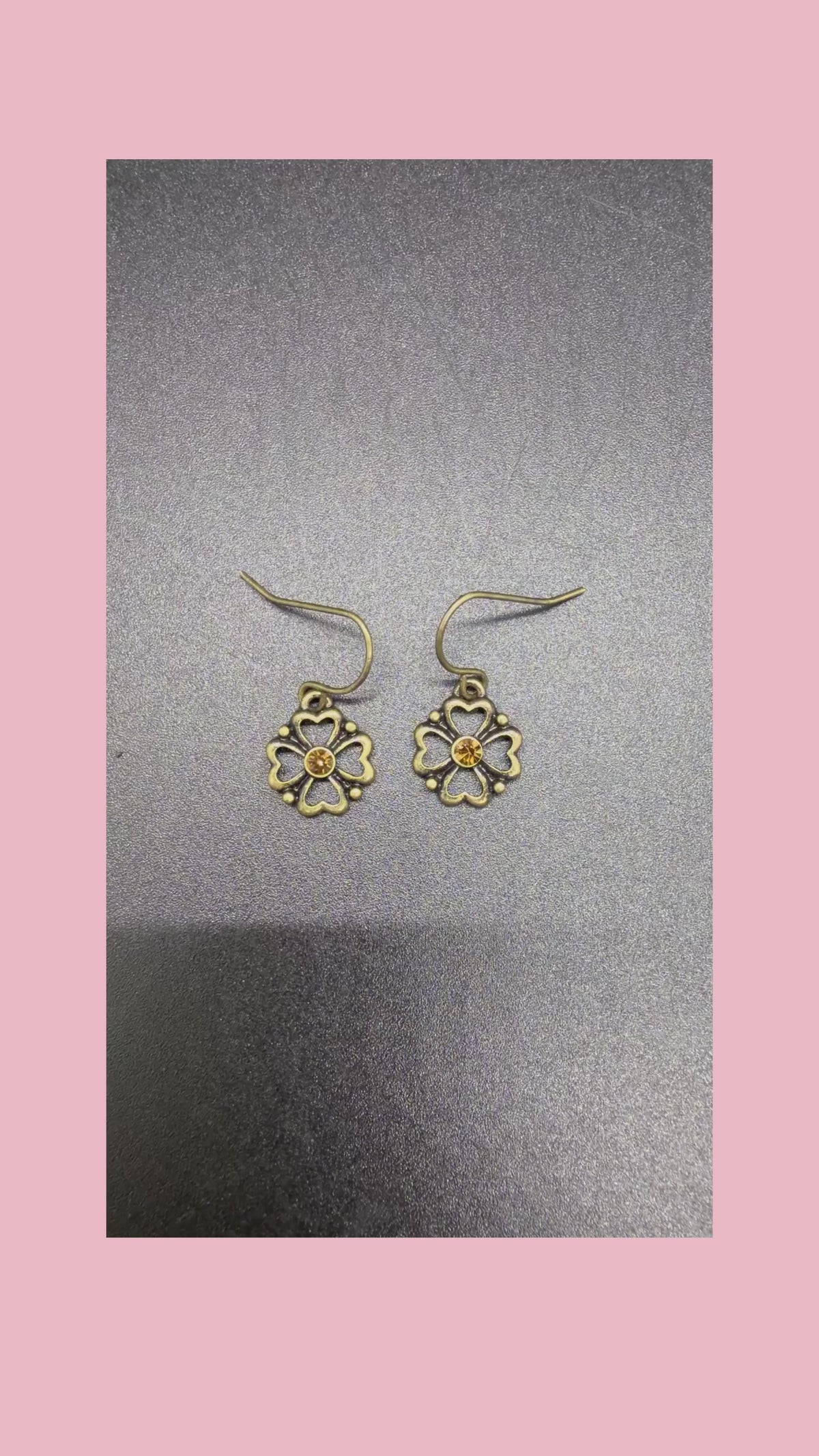 1990's Vintage Silver-tone Metal Clover Drop Earrings w/ Pink Stones