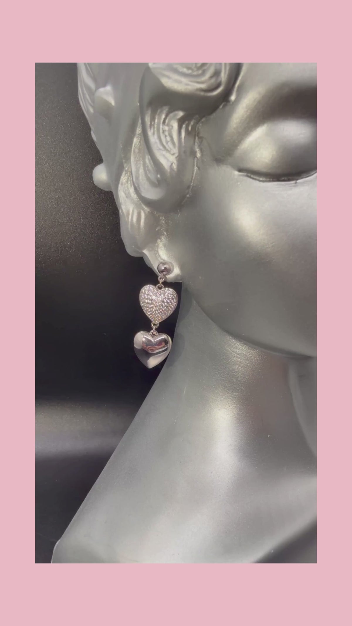 2000s Vintage Silver-tone Cubic Zirconia Puffed Heart Dangle Earrings