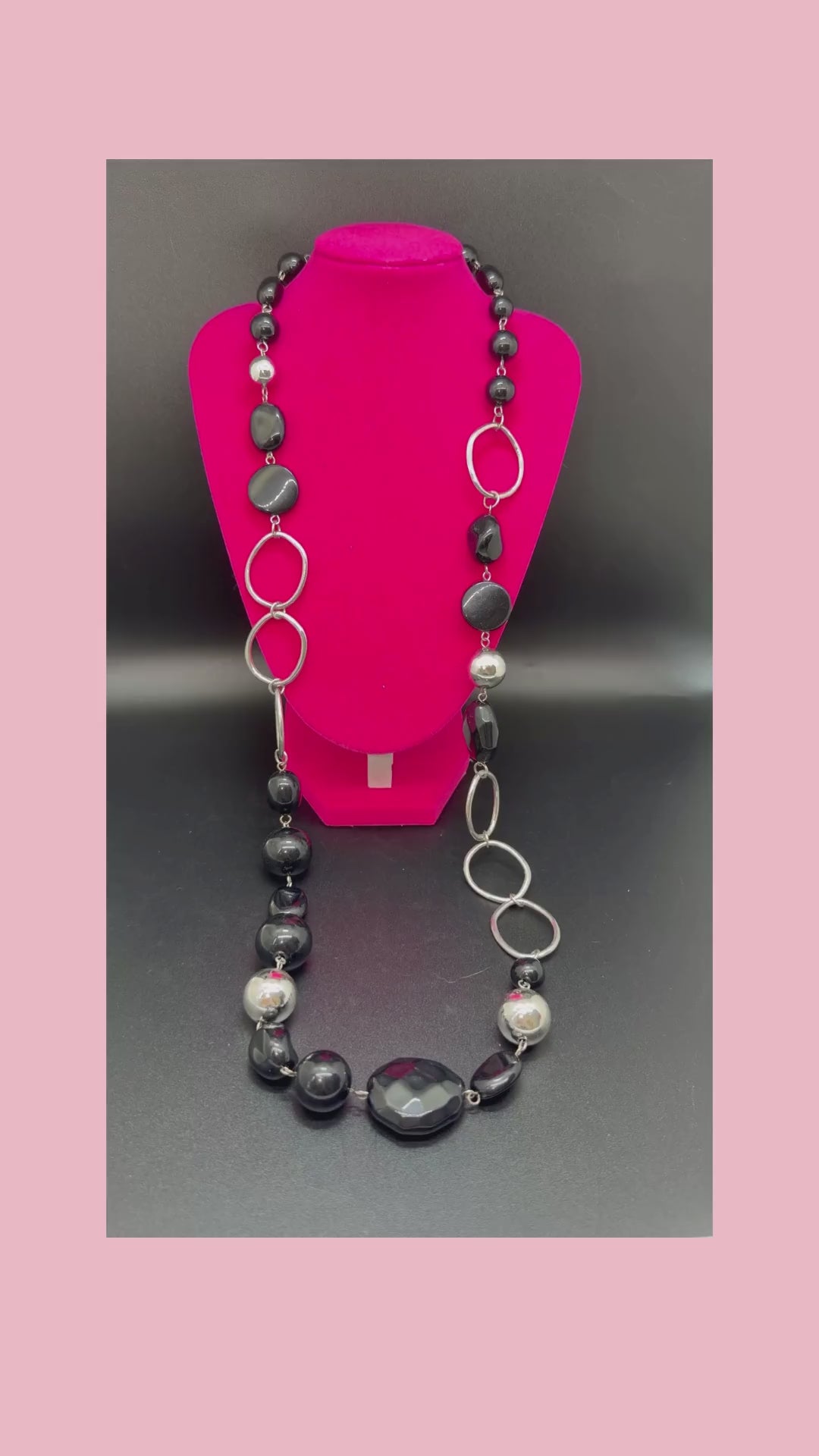 Vintage Long Black Gass & Silver Tone Metal Station Necklace